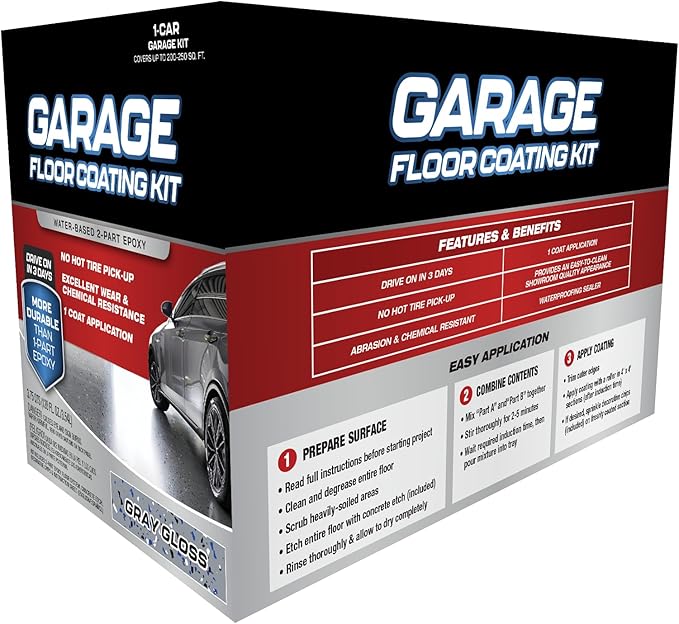 Garage Floor Kit – 2-Part Epoxy Coating for Concrete Floors, High-Gloss Finish, Chemical & Stain Resistant, Indoor Use, 1-Car Garage Coverage (Gray)