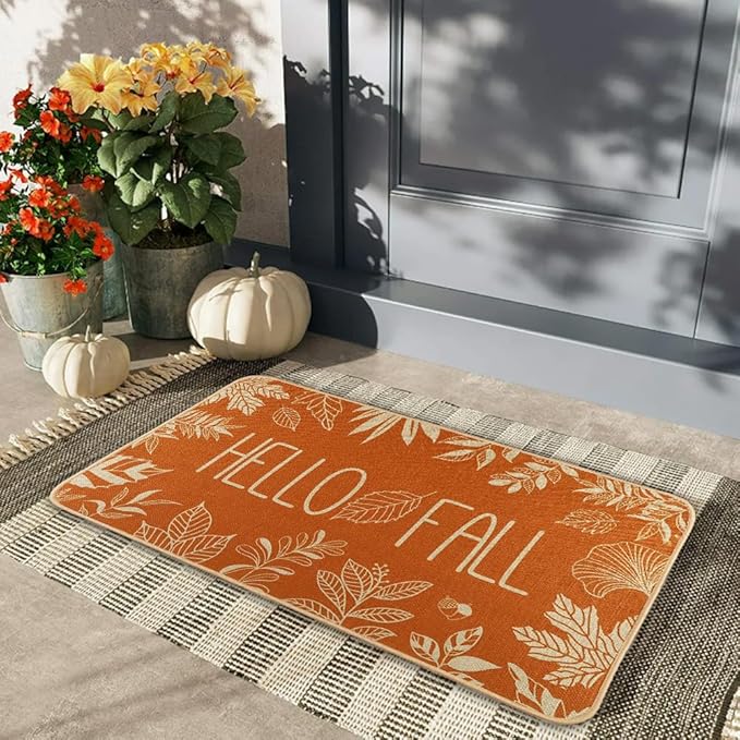 Hello Fall Door Welcome Mat, Autumn Thanksgiving Orange Outdoor Rug Leaves Decor Floor Non-Slip Entrance Mat for Home Kitchen Bathroom 17 X 29 Inch
