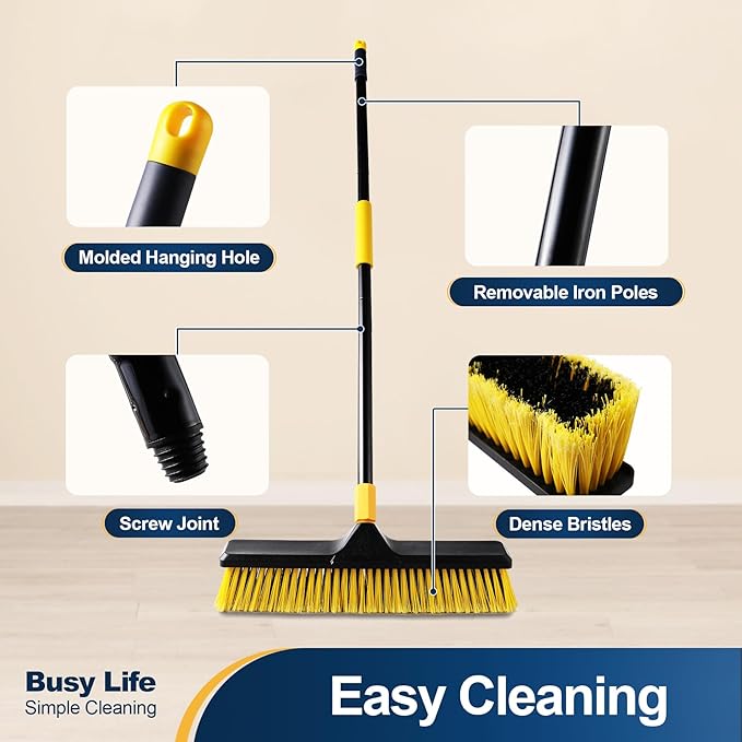Yocada Push Broom Brush 18"+24" Set 5.3" Long Handle Stiff Bristles Heavy-Duty Outdoor Commercial for Cleaning Bathroom Kitchen Patio Garage Deck Concrete Wood Stone Tile Floor