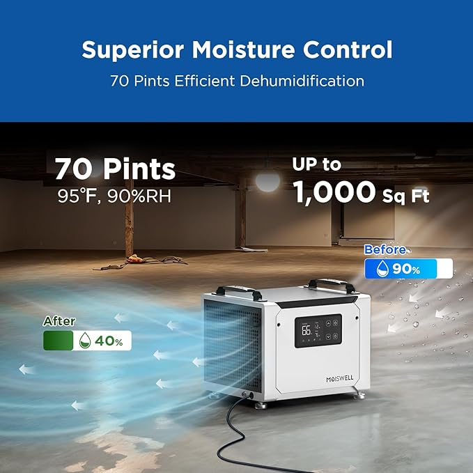 70 Pints Commercial Dehumidifier with Drain Hose, Portable Crawl Space Dehumidifier for Basement and Home, Automatic Defrost, Moiswell Defender ME-7