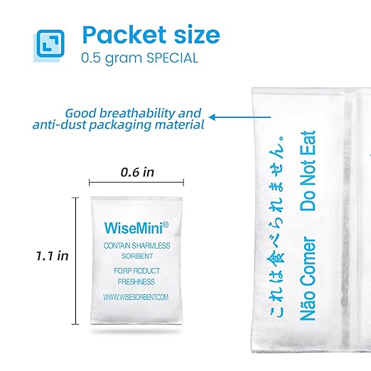 Wisesorb 0.5 Gram 500 Pack Silica Gel Packs, Dessicant Packets, Moisture Absorbers for Food Storage, Food Grade Desiccant Dehumidifiers, WiseMini