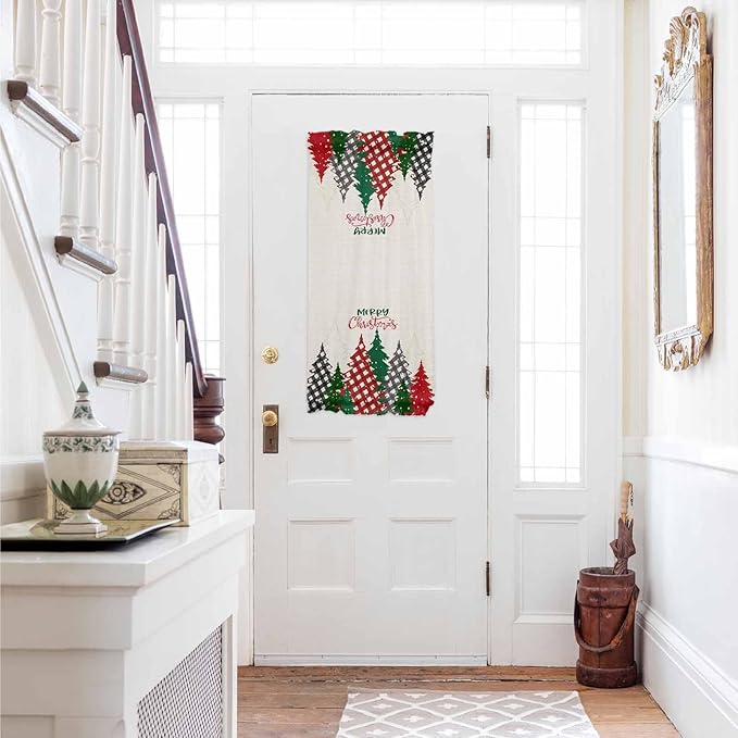 Christmas French Door Curtain Panel for Front Door, Red Gray Plaid Xmas Trees Vintage Beige Slidelight Door Curtains with Tieback Light Filtering Privacy Panels for Doorway Entryway 25"x 40"