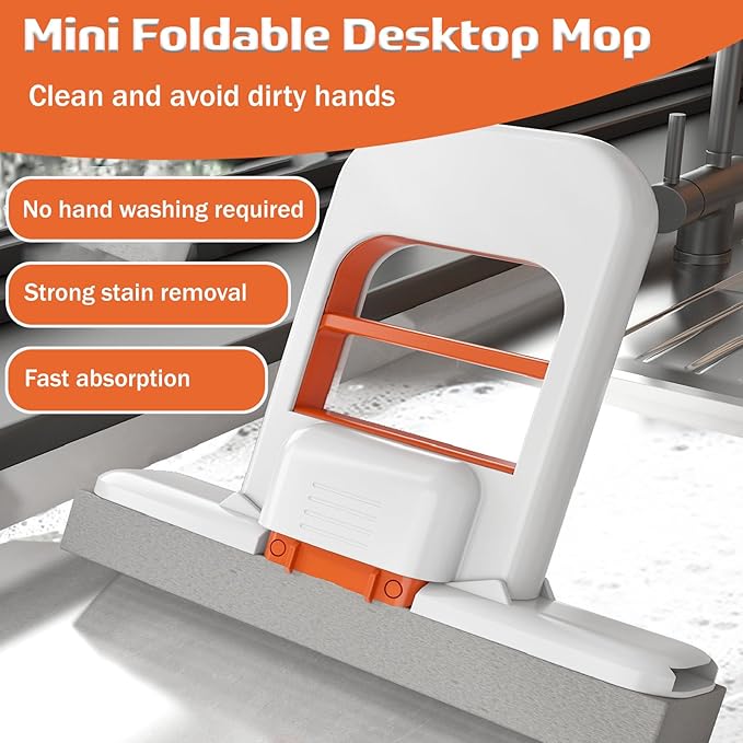 Mini Foldable Desktop Mop, mini mop - 2025 New Portable Mini Cleaning Sponge Mop, Wet and Dry Use Cleaning System, One-Hand Squeeze Handle, for Bathroom, Kitchen, Desktop