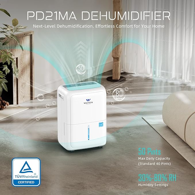 Most Efficient Energy Star Dehumidifier, Wellsle Smart Dehumidifier for Basement and Home, Humidity Adjustment with 0.4 Gal Water Tank and Drain Hose 34dB Quiet Operation for Bedroom (52 Pints)