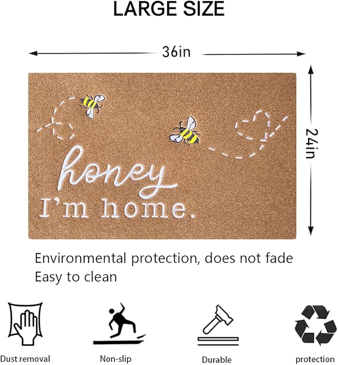 Large Front Door Mat Outdoor Entrance Front Door Mats Indoor Entrance Welcome Mat Honey I'm Home Bee Rugs with Non Slip Durable Rubber Backing Kitchen Washable Rugs Brown Mat