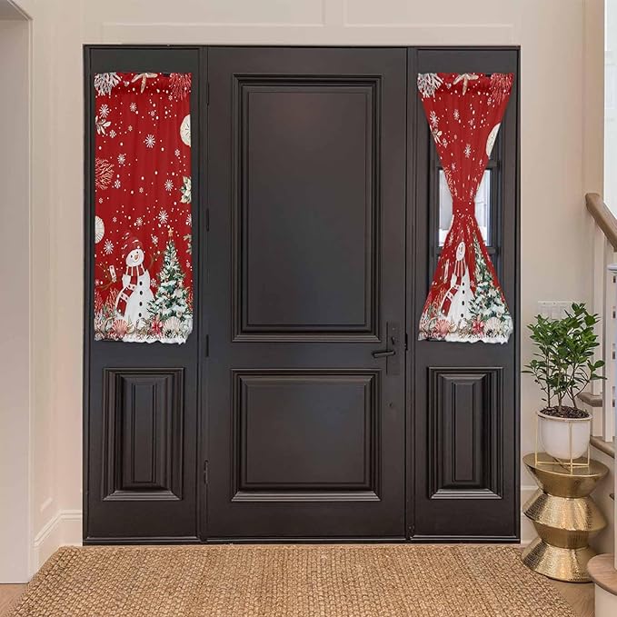 Christmas French Door Curtain Panel for Front Door, Marine Life Snowflake Christmas Tree Snowman Dark Red Slidelight Door Curtains with Tieback Light Filtering Privacy Panels for Entryway 25"x 40"