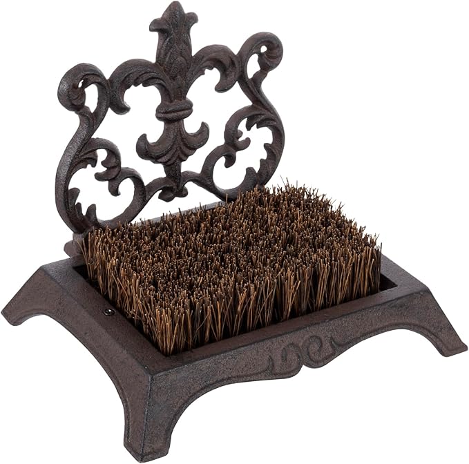 MyGift Heavy Duty Shoe Brush Outdoor, Boot Scraper Scrubber, Boot Mud Cleaning Dirt Remover Brush for Porch, Rustic Dark Brown Cast Iron with Vintage Baroque Scrollwork Design