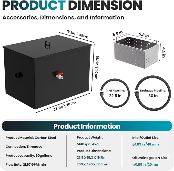 Grease Trap for Kitchen Sink, 60 Lbs Grease Trap, 22 GPM Grease Interceptor, Efficient Oil-Water and Kitchen Waste Separator Grease Interceptor for Commercial Kitchens, Coffee Shops and Bakery