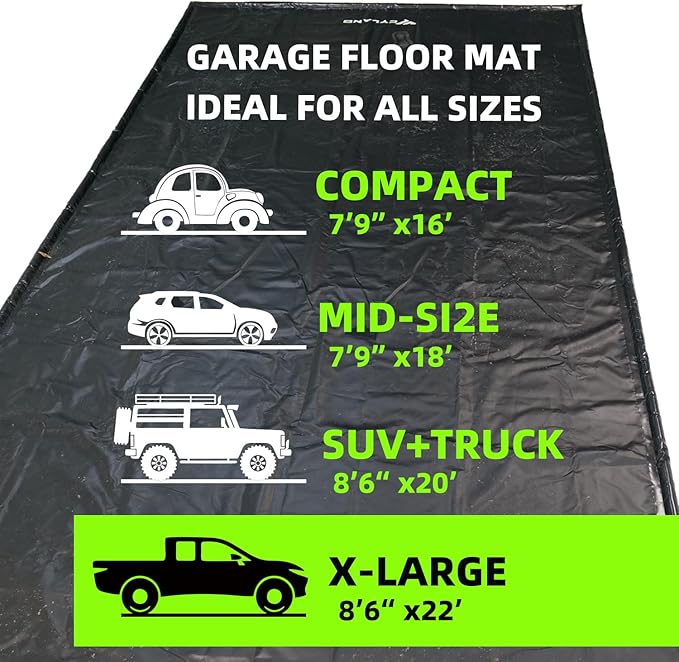 Garage Floor Mat 8'6" x 22' Heavy-Duty Waterproof, Non-Slip PVC Parking Mat, All-Weather Car Containment Mat for Oil, Snow & Dirt Floor Protection Includes Squeegee for Easy Cleanup