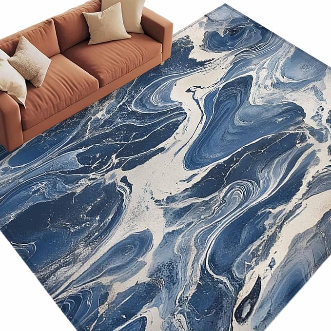 Impressionist Style 9'x12' Large Area Rugs, White Blue Blurred Wash Washable Area Rugs Non-Slip Indoor Floor Mats Large Carpet for Living Room Bedroom Dining Room