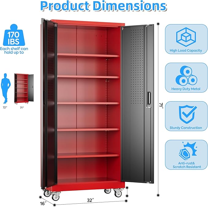 Reemoon 71" H Metal Garage Storage Cabinet with 5 Adjustable Shelves and Pegboard,Steel Storage Cabinet with Wheels for Garage Home Office Utility Room,Required Assembly, Red and Black