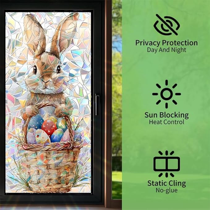 Window Film Mat 39.4 x 17.3 Inch PVC Bunny Easter Basket Window Film Crescent Texture Decorative Glass Covering with Sunlit Glossy Shine for Bathroom Kitchen Living Room Privacy Accent
