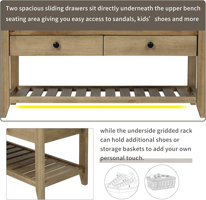 Knocbel Entry Storage Bench Shoes Rack with Cushioned Seat, 2 Drawers & Slatted Shelf, Living Room Entryway Hallway Foyer Shoe Bench Bedroom End of Bed Bench (Gray Wash)