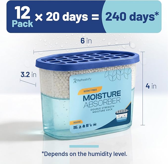 Premium Moisture Absorbers and Dehumidifier Tubs – High-Efficiency Closet Dehumidifier and Dehumidifier for Car, Odor Control Fragrance Free, 12 Pack, 7.5 Oz