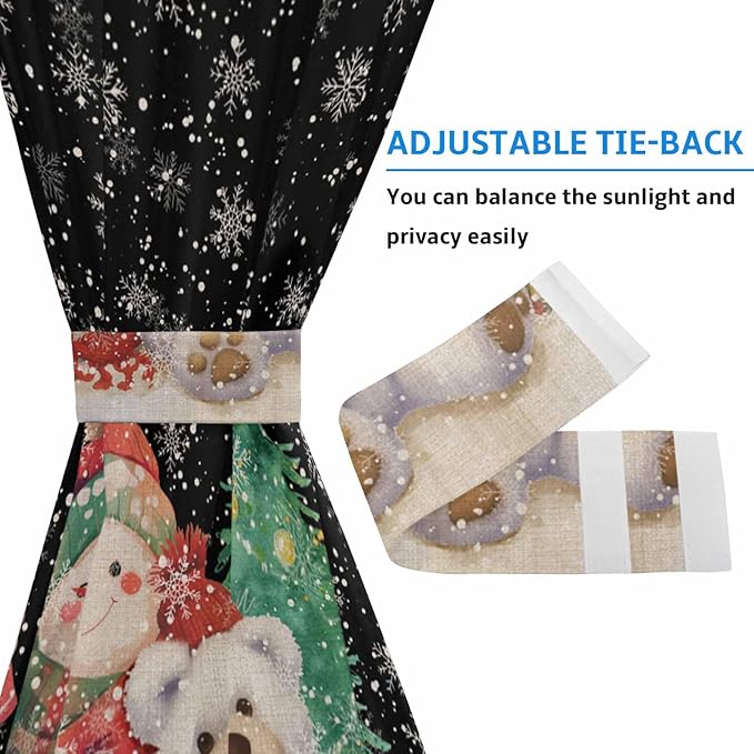 Christmas French Door Curtain Panel for Front Door, Black Retro Snow Bear Doll Christmas Slidelight Door Curtains with Tieback Light Filtering Privacy Panels for Doorway Entryway 25"x 40"