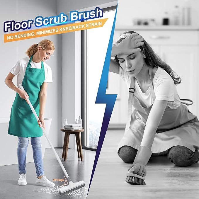 Yolaist Floor Scrub Brush with 60 inch Long Handle, 2 in 1 Heavy Duty Stiff Bristle Floor Scrubber Brush and Scraper for Cleaning Shower, Tile, Bathroom, Kitchen, Deck, Garage, Patio