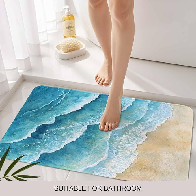 Abstract Waves Doormat Spray Blue Ocean Seaside Watercolor Non Slip Low Profile Rubber Door Mat Washable Absorbent Indoor Front Door Mat Entryway Rug Entrance Carpet 20x31.5 Inch