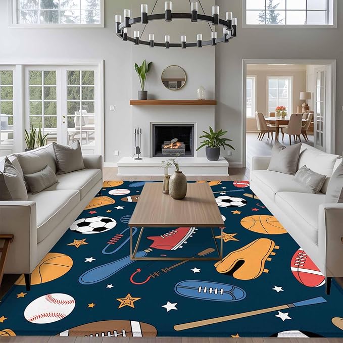 Cartoon Sports 5'x8' Large Area Rugs, Baseball Soccer Basketball Rugby Sneakers Washable Area Rugs Non-Slip Indoor Floor Mats Large Carpet for Living Room Bedroom Dining Room