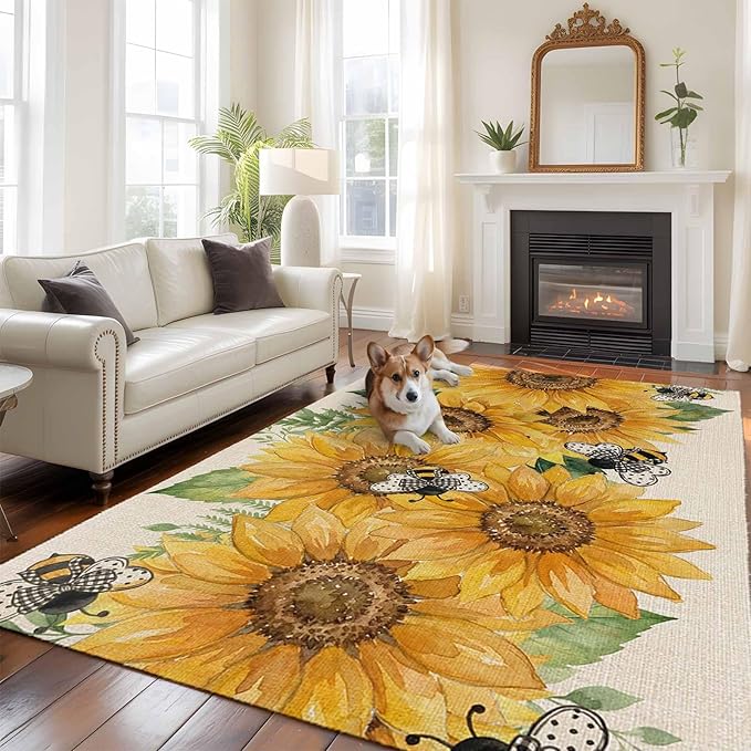 Watercolor Sunflower Cartoon Farmhouse Bee Linen Texture 8'x10' Large Area Rugs, Washable Area Rugs Non-Slip Indoor Floor Mats Large Carpet for Living Room Bedroom Dining Room