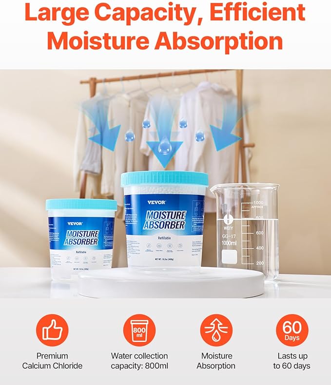 VEVOR Moisture Absorber Bucket, 2 Packs 16.2 oz Hi-Capacity Moisture Absorber Bucket with 800ml Storage Area & Reusable Outer Bucket for Long-Term Use, Fragrance Free Moisture Absorber for Fresher Air