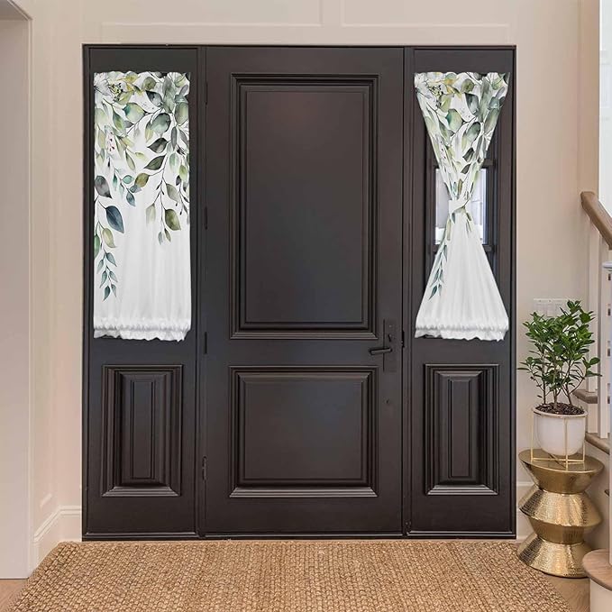 French Door Curtain Panel for Front Door, Botanical Plant Leaves Eucalyptus Leaves Sage Green Slidelight Door Curtains with Tieback Light Filtering Privacy Panels for Doorway Entryway 25"x 40"