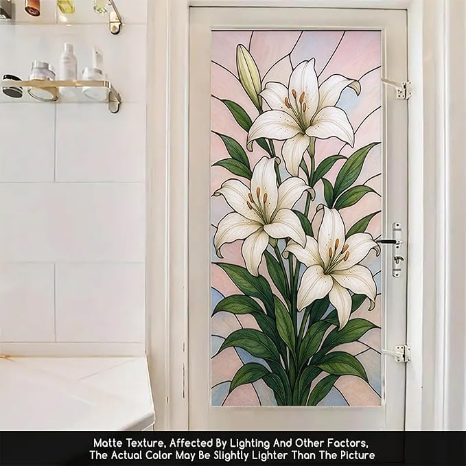 White Lily Privacy Film Stained Glass Style Static Cling No Glue Decorative Panel Light Filtering Cover for Door Window Bedroom Entryway 17.7x39.3 inch
