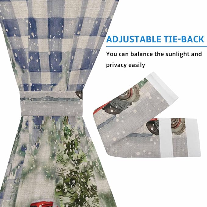 Christmas French Door Curtain Panel for Front Door, Red Truck Snow Merry Christmas Retro Blue Plaid Slidelight Door Curtains with Tieback Light Filtering Privacy Panels for Doorway Entryway 25"x 40"