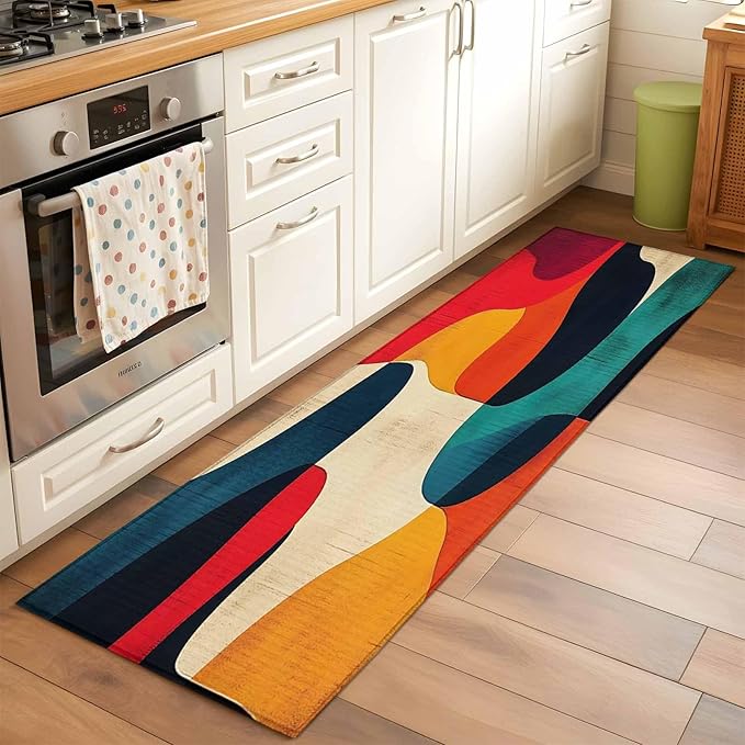 Abstract Art Runner Rug 2'x6', Impressionist Red Blue Color Block Hallway Runner Rugs Washable Non-Slip Bedside Floor Mats Carpet for Kitchen Bedroom Laundry Room Bathroom