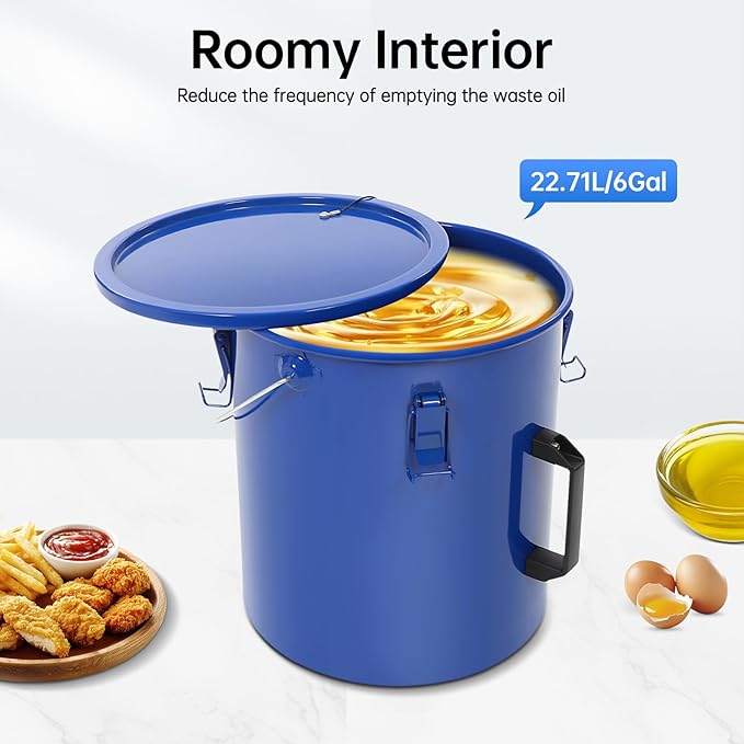 Grease Bucket 6 Gal, Fryer Oil Storage Container with Lid & Filter Bag, Portable Used Cooking Oil Disposal Can with Handle, Carbon Steel Grease Trap for Restaurant Kitchen Food Truck