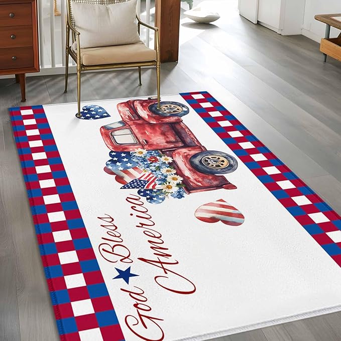 Red Truck USA Flag Stars Area Rugs 2.7'x5', God Bless America Washable Area Rugs Non-Slip Indoor Floor Mats Carpet for Living Room Bedroom Dining Room