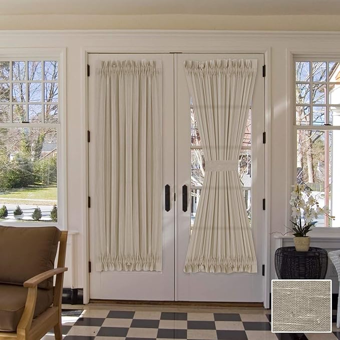 H.VERSAILTEX Linen French Door Curtains Privacy Light Reducing Curtain with Tieback Rod Pocket Curtain 1 Panel for Glass Door Feature Open Weave Textured Linen