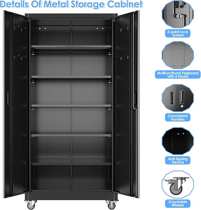 Reemoon Garage Storage Cabinet with Wheels, Metal Storage Cabinet with 5 Adjustable Shelves and Pegboard for Garage Home Utility Room,Required Assembly,Black，71" H×34" W×18" D