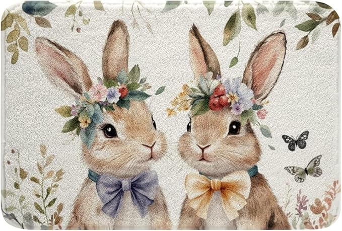 Easter Bunnies Couple Bowknot Spring Botanical Leaves Door Mat Welcome Mats Non-Slip Dust Floor Rug for Kitchen Bedroom Bath Room Front Hall Lawn 20x32 inch