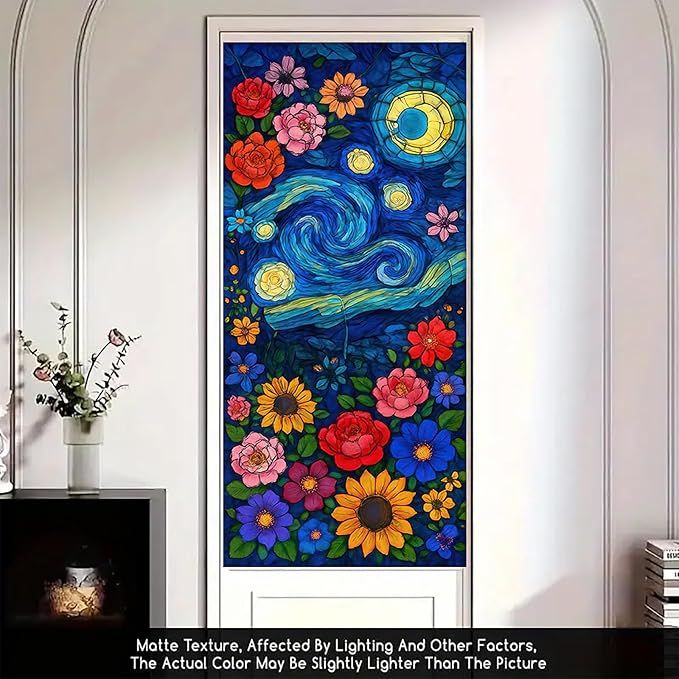 Starry Night Window Film Stained Glass Style Privacy Panel Static Cling Decorative Cover for Door Art Studio Sunroom Bedroom 17.7x39.3 inch
