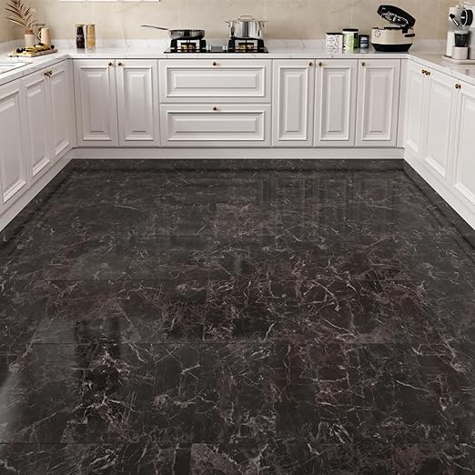 Wallercity Marble Peel and Stick Floor Tile Easy to Clean Waterproof Flooring for Kitchen Bathroom Bedroom Light Balck Vinyl Flooring Self Adhesive Floor Tile Stickers Durable Removable Tiles 18PCS
