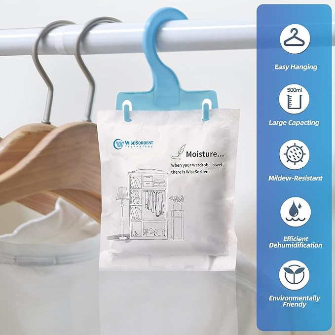 Wisesorb Moisture Absorber Refill Hanging Bags, 12 Pack (200g Each) – Calcium Chloride Dehumidifier Bags with 6 Reusable Hooks, Closet & Bathroom Dehumidifier Bags