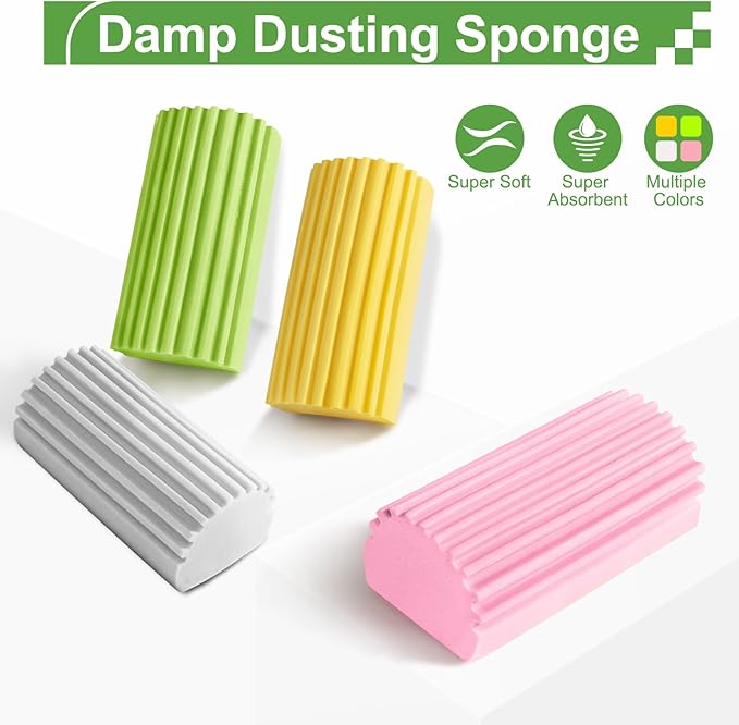 Jeymei 4-Pack Damp Clean Duster Sponge,Damp Dusting Sponge,Duster Baseboard Cleaner Sponge with Ridges,Reusable Wet Duster Sponge,Household Cleaning Sponges for Blinds(Grey,Yellow,Pink,Green)