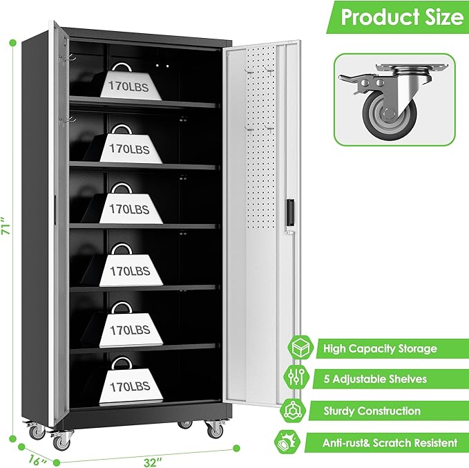 Reemoon Garage Storage Cabinet with Wheels, Lockable Metal Storage Cabinet with 5 Adjustable Shelves for Garage Warehouse Office Utility Room,Required Assembly,Black and Silver，71" H×32" W×16" D