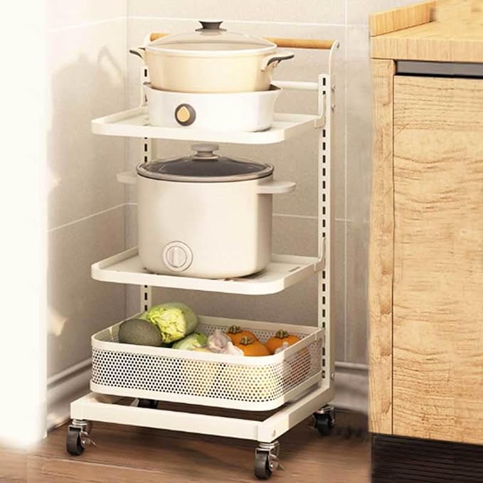 Microwave Shelf Stand with Pot Holder White Kitchen Cupboard nizer for Saucepan Storage 3 Boards 2 Baskets