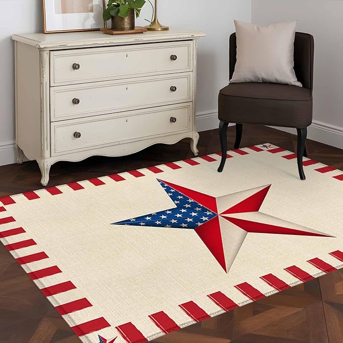 Farmhouse American Flag Pentagram 3'x5' Area Rugs, Washable Area Rugs Non-Slip Indoor Floor Mats Carpet for Living Room Bedroom Dining Room