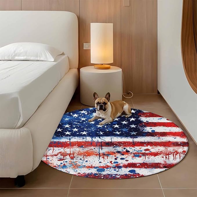 Mottled Red Blue White Stars Painted Flag Round Rug 4 Ft, Circle Area Rugs Washable Non Slip Indoor Floor Mats Carpet for Living Room Bedroom Dining Room Home Decor