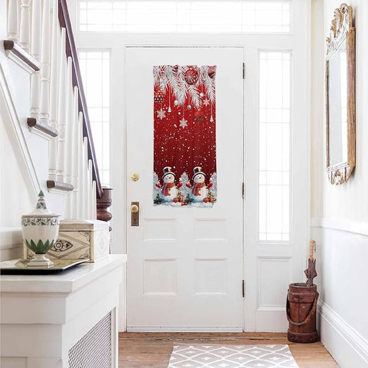 Christmas French Door Curtain Panel for Front Door, Silver Cedar Leaves Trees Snowflake Hanging Balls Slidelight Door Curtains with Tieback Light Filtering Privacy Panels for Entryway 25"x 40"
