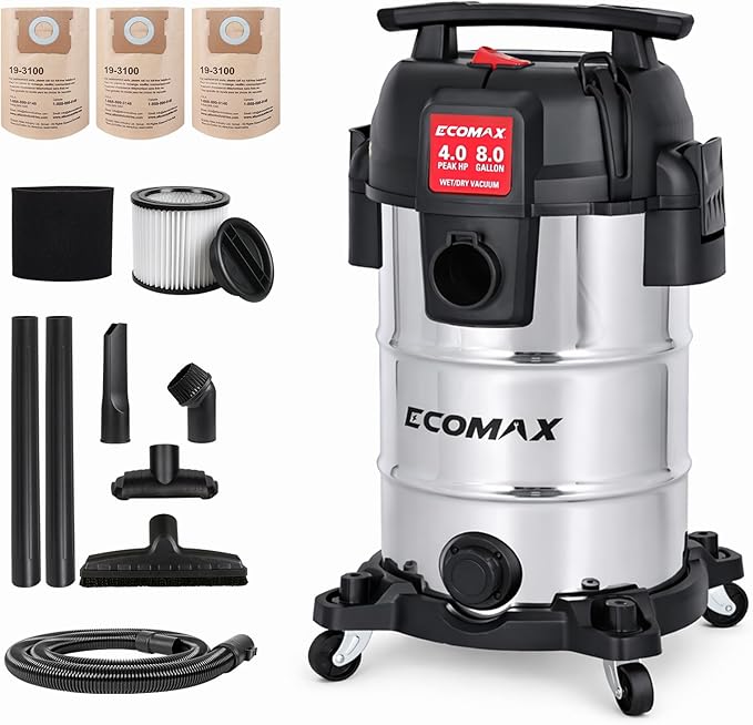 ECOMAX 8 Gallon Ultra-Quiet Shop Vacuum Wet and Dry, Stainless Steel Shop Vac with 80% Noise Reduction, 3X Longer Motor Life, 4 Peak HP Suction, Complete Accessory Kit for Garage, Workshop & Home