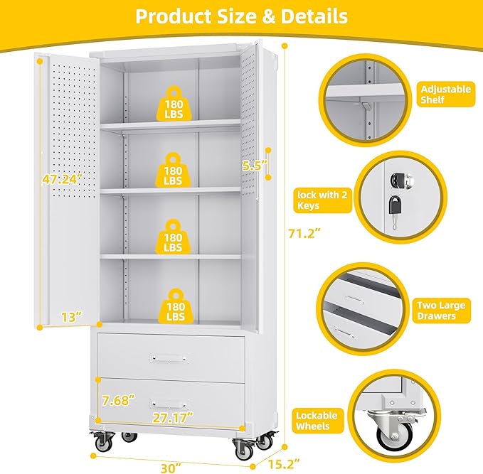 Reemoon Garage Storage Cabinet with 2 Drawers and Pegboard, Metal Storage Cabinet with 2 Lockable Doors for Garage Home Warehouse,Required Assembly,White,71.2" H*15.2" D*30" W