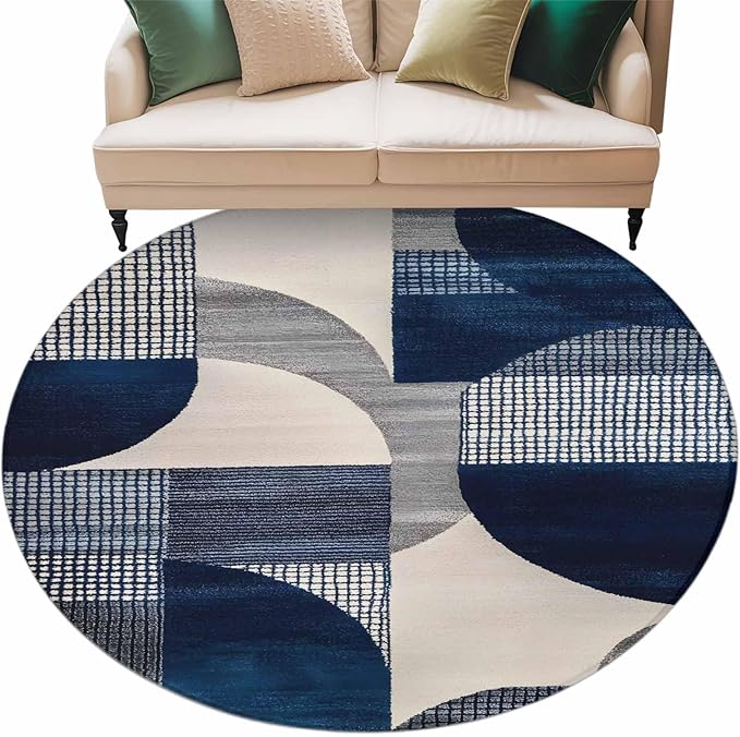 Modernism Round Rug 5 Ft, Blue White Geometric Abstract Design Circle Area Rugs Washable Non Slip Indoor Floor Mats Carpet for Living Room Bedroom Dining Room Home Decor