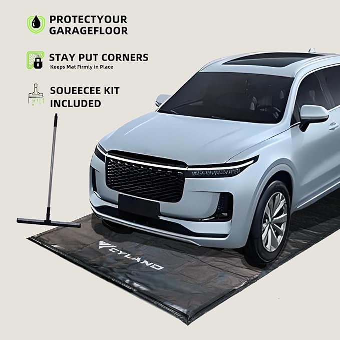Garage Floor Mat 8'6" x 22' Heavy-Duty Waterproof, Non-Slip PVC Parking Mat, All-Weather Car Containment Mat for Oil, Snow & Dirt Floor Protection Includes Squeegee for Easy Cleanup