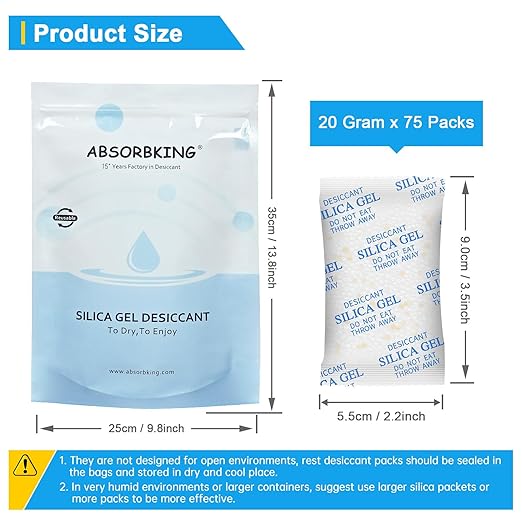 Absorbking Silica Gel Packets, 20 Gram 75 Packs Food Safe Moisture Absorbers, Desiccant Packs for Storage, Reusable Desiccant for Foods, Storage Bins, 3D Filaments, Electronics, Safes