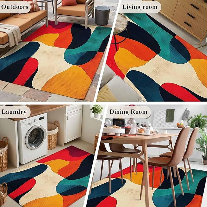Abstract Art 4'x6' Area Rugs, Impressionist Red Blue Color Block Washable Area Rugs Non-Slip Indoor Floor Mats Carpet for Living Room Bedroom Dining Room