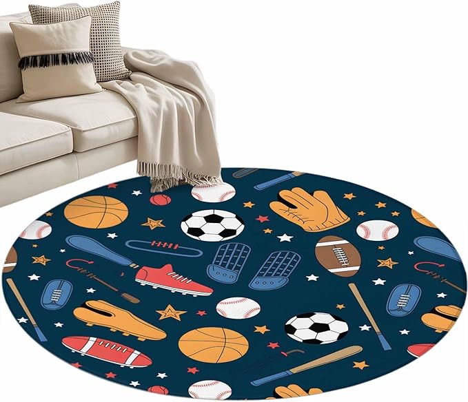 Cartoon Sports Small Round Rug 3 Ft, Baseball Soccer Basketball Rugby Sneakers Area Rugs Washable Non Slip Indoor Floor Mats Circle Carpet for Living Room Bedroom Dining Room Home Decor