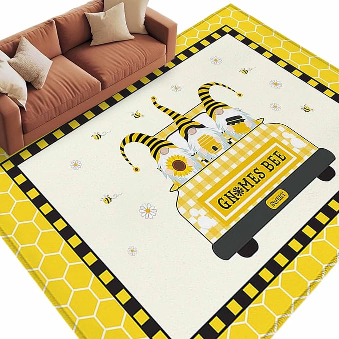 Honey Gnomes 5'x7' Area Rugs, Bees Hive Sunflower Truck Washable Area Rugs Non-Slip Indoor Floor Mats Carpet for Living Room Bedroom Dining Room